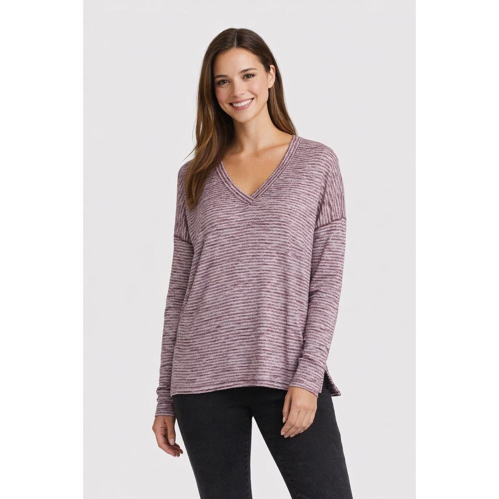 Kirkland Signature V Neck Top Womens Large Aubergine Stripe NWT